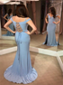Off the Shoulder Light Blue Satin Lace Up Prom Dress with Slit LBQ3149